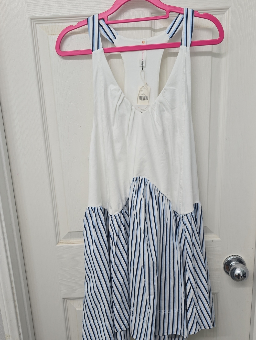 Anthropologie White Tank Dress with Blue Striped Skirt